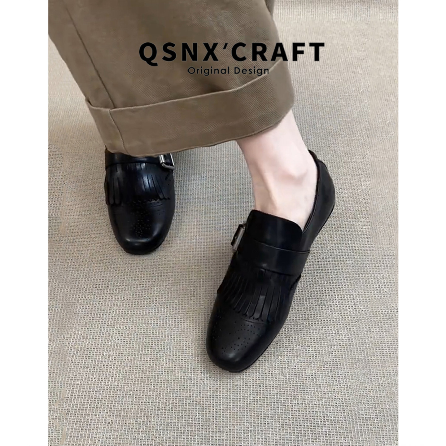 羊皮版~雕花流苏乐福鞋女2025新款黑色皮带扣百搭通勤平底小皮鞋