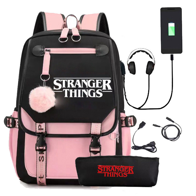 跨境美剧怪奇物语stranger 双肩背包USB充电中学生书包笔袋两件套,淘宝优惠券,粉丝福利购,淘宝优惠卷