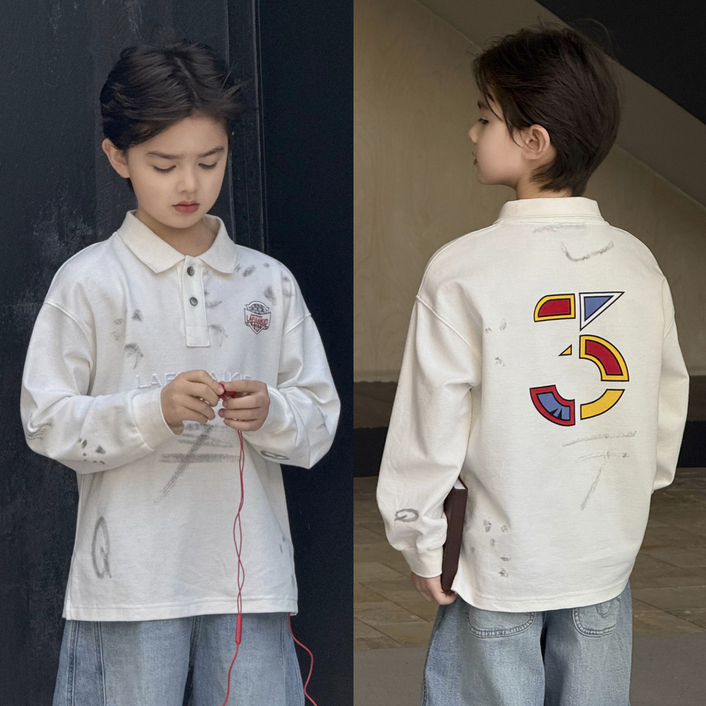 啦芙莱童装男女童白色POLO衫2026春季中大童翻领卫衣儿童T恤8037,淘宝优惠券,粉丝福利购,淘宝优惠卷