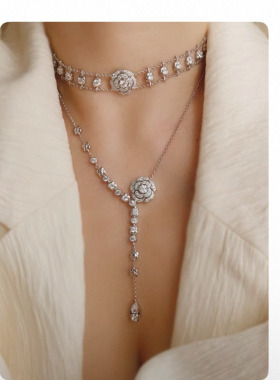 山茶花玫瑰闪项链耳针套装保色千金姐姐名媛气质宴会年会百搭首饰