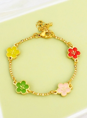 潮流手链欧美简约花瓣四色滴油刻字不锈钢女款手链跨境热卖款