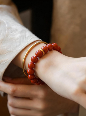 《梵音》正品天然南红玛瑙手串18k金手链女款感红色串珠饰品