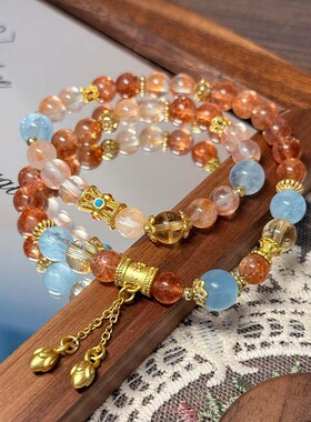 【秋意浓】天然黄塔晶红胶花复古双圈手串显白气质女款水晶手链