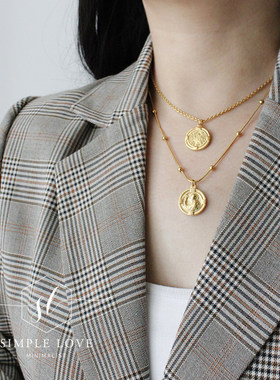 欧美复古项链女18kins浮雕中长款