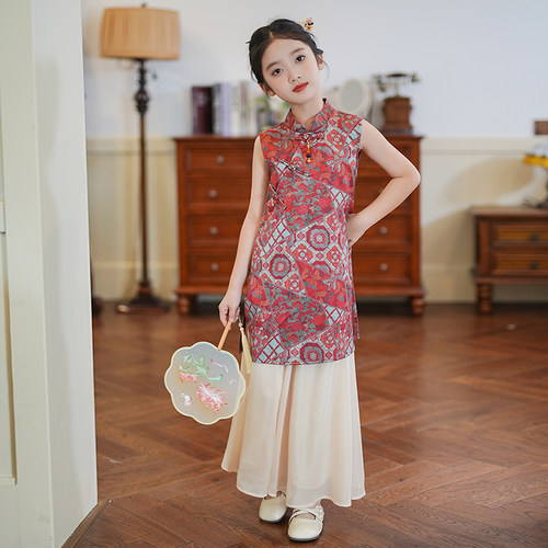 53853中国风女童红色旗袍上衣2025夏季新款新中式汉服裤子两件套 - 图1