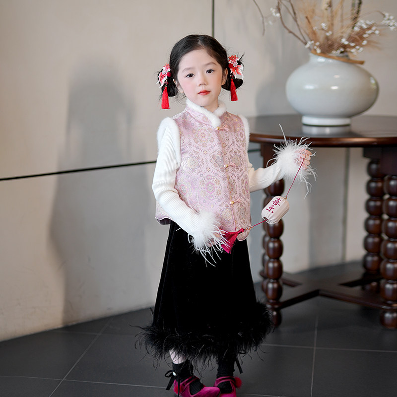 女童套装冬装2025新款新中式提花马甲儿童汉服女宝宝国风坎肩背心,淘宝优惠券,粉丝福利购,淘宝优惠卷