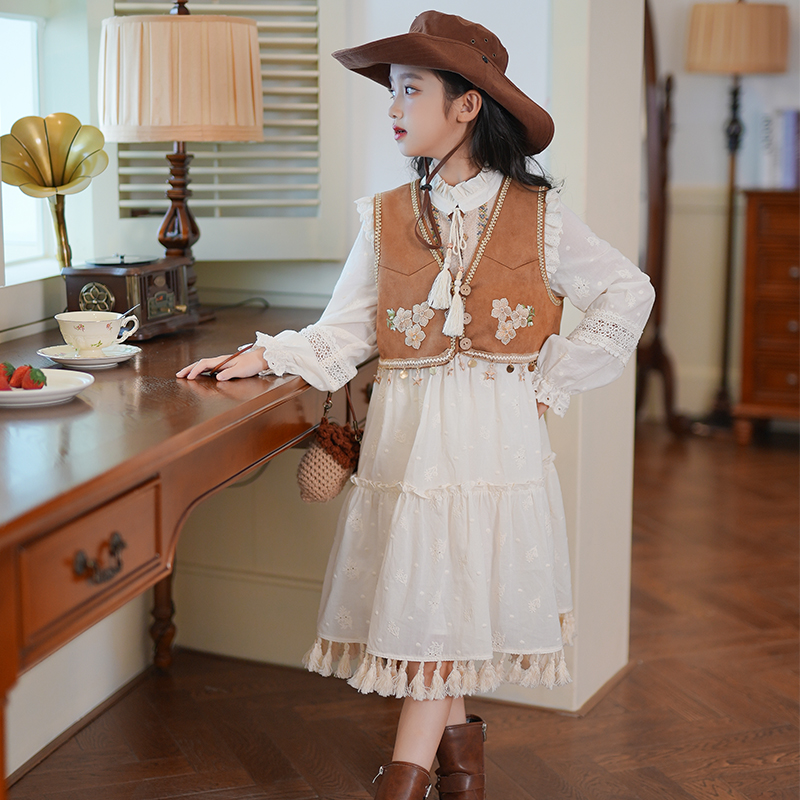 女童马甲连衣裙套装秋装2025新款西域民族风波西米亚流苏背心裙子 - 图2