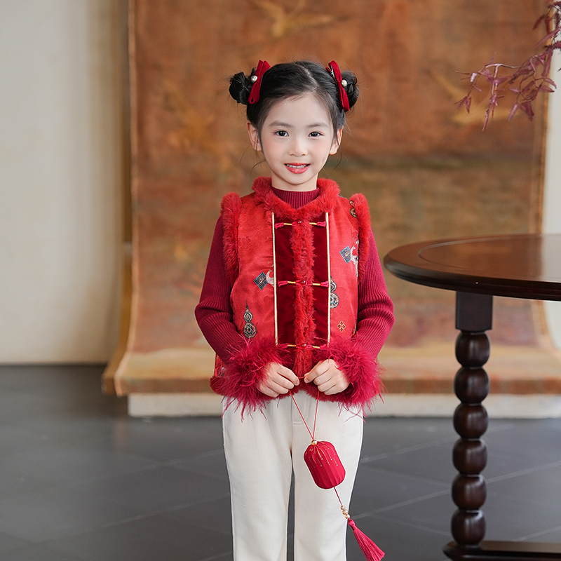 80882女童国风唐装拜年服马甲汉服背心2025冬季新款儿童过年衣服 - 图0