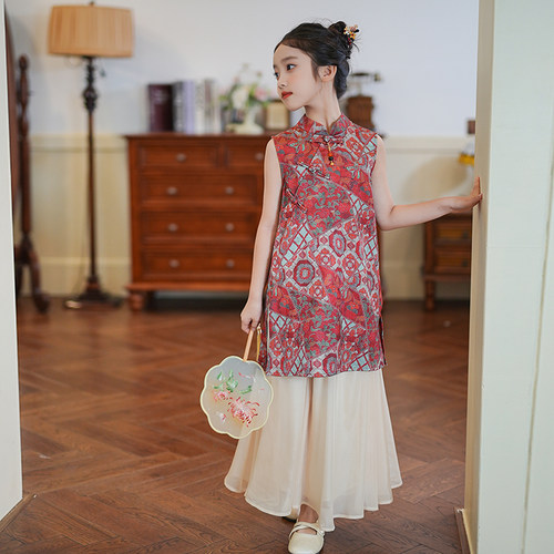 53853中国风女童红色旗袍上衣2025夏季新款新中式汉服裤子两件套 - 图0