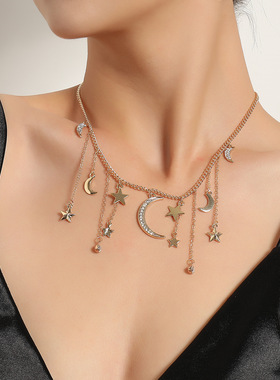 欧美跨境饰品 女士满钻月牙五角星吊坠项链 水钻流苏短款毛衣项饰