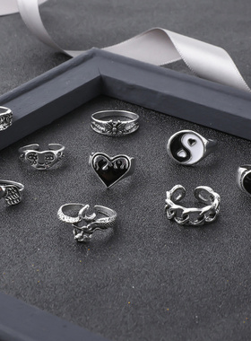 欧美复古戒指套装黑色爱心数字8