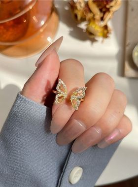 时尚蝴蝶戒指简约学生精致满钻网红蝴蝶戒指女ins开口可调节指环