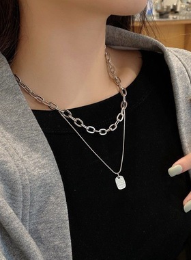韩国双层叠戴方牌吊坠项链简约冷淡风金属毛衣链欧美嘻哈颈链饰品