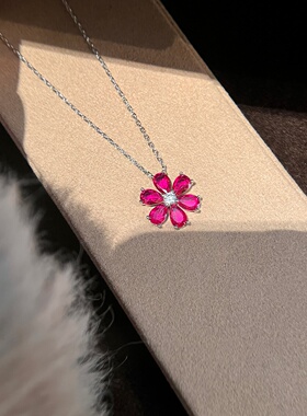 山茶花项链女s925银红宝石雏菊花朵