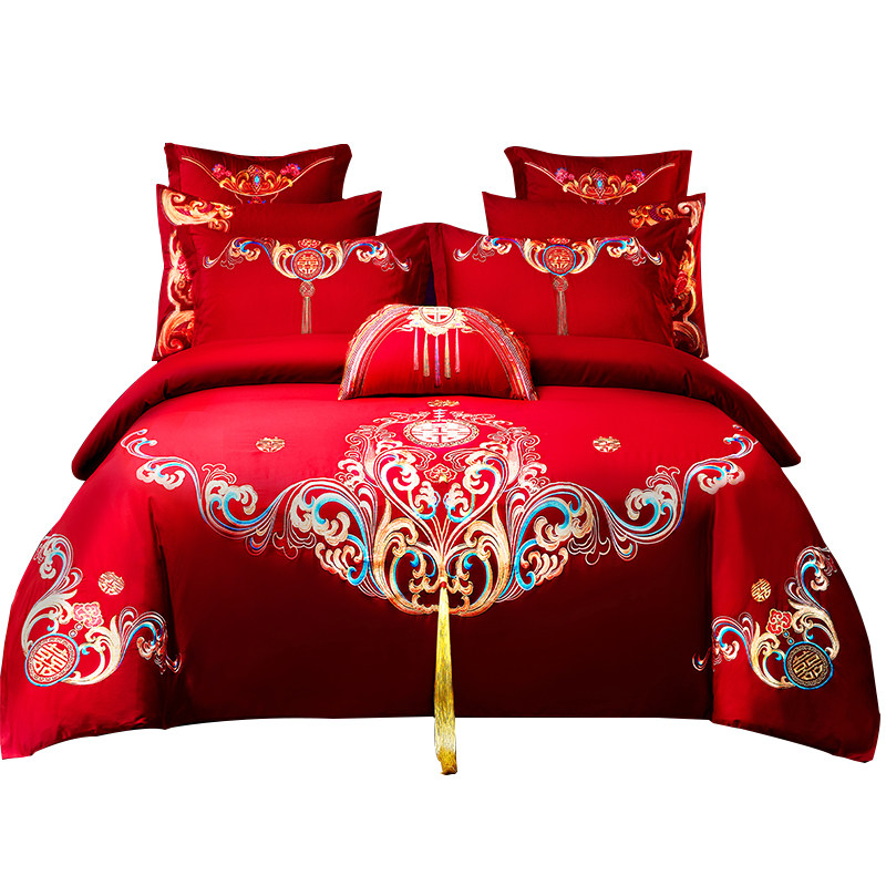 中式婚庆四件套新婚被套全棉纯棉100床单大红色结婚房床上用品4,淘宝优惠券,粉丝福利购,淘宝优惠卷