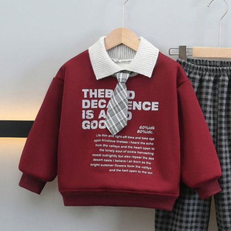 红色男童加绒卫衣儿童秋冬新款过年POLO加绒卫衣洋气痞帅童装宝宝 - 图1
