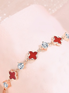 925纯银幸运四叶草手链女韩版ins玫瑰金玛瑙手链简约时尚手饰