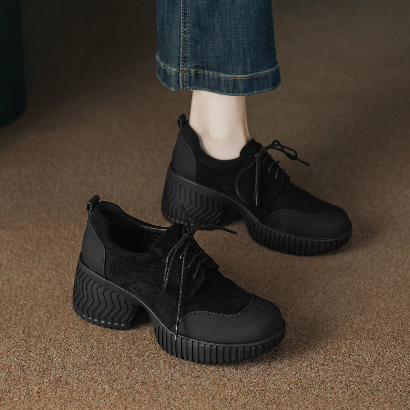 牛皮版~7.5cm复古小个子厚底圆头系带磨砂拼接通勤百搭深口单鞋,淘宝优惠券,粉丝福利购,淘宝优惠卷