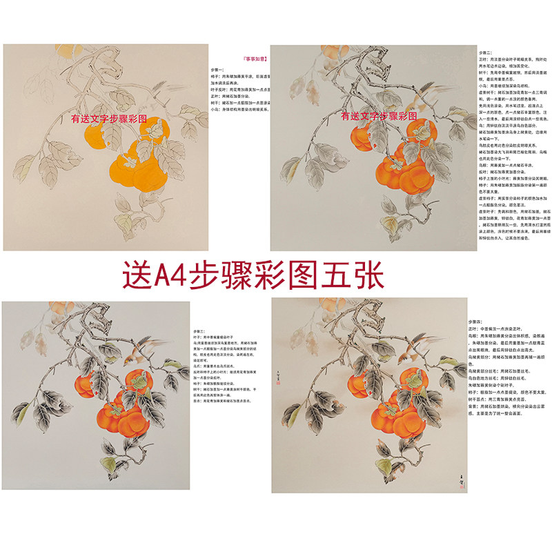 工笔画底稿白描画稿柿子柿柿如意临摹底稿白描线稿手勾可直接上色,淘宝优惠券,粉丝福利购,淘宝优惠卷