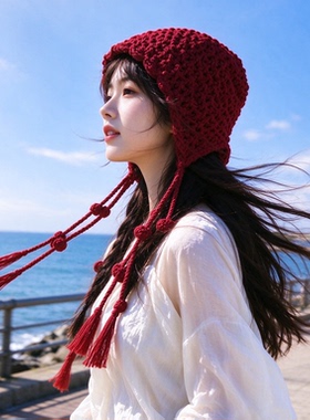 民族风红色针织帽女显脸小大头围