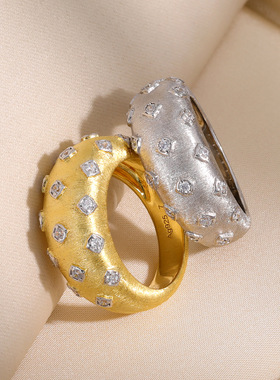 直播爆款意大利拉丝满钻戒指女轻奢高级感925纯银指环小红书热卖