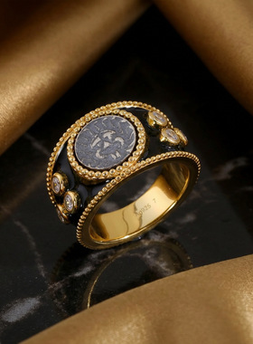 定制中古风925纯银镀金美杜莎戒指新款黑珐琅工艺轻奢高级感指环