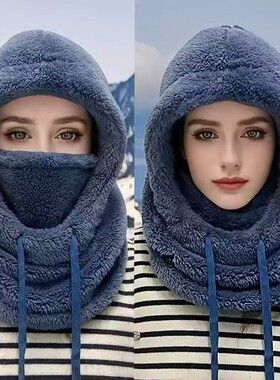 冬季保暖口罩围脖一体帽子女滑雪加绒加厚套头帽护耳防风棉帽骑车