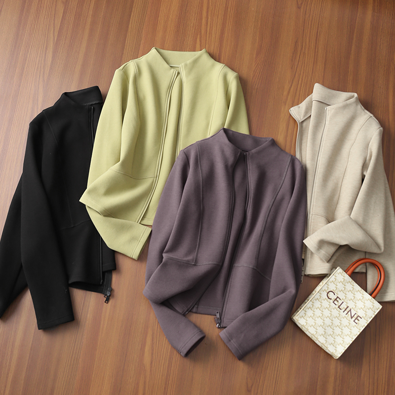 淘么淘 立马小蛮腰 立体剪裁修身显瘦磨毛双拉链立领卫衣外套新款 - 图0