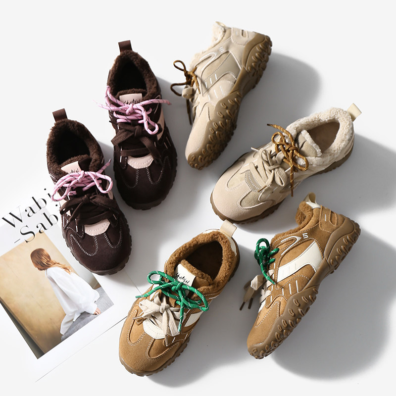 淘么淘 美式时髦复古加绒毛毛德训鞋真皮拼色阿甘休闲鞋女冬新款,淘宝优惠券,粉丝福利购,淘宝优惠卷