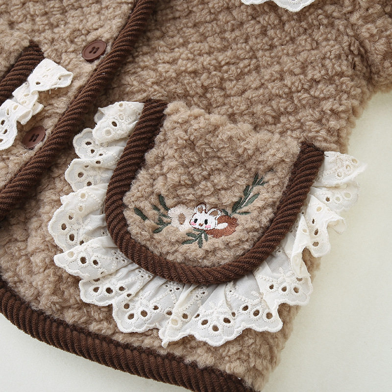 保暖女童加绒外套秋冬2025新款洋气娃娃领蕾丝边加厚上衣宝宝冬装,淘宝优惠券,粉丝福利购,淘宝优惠卷