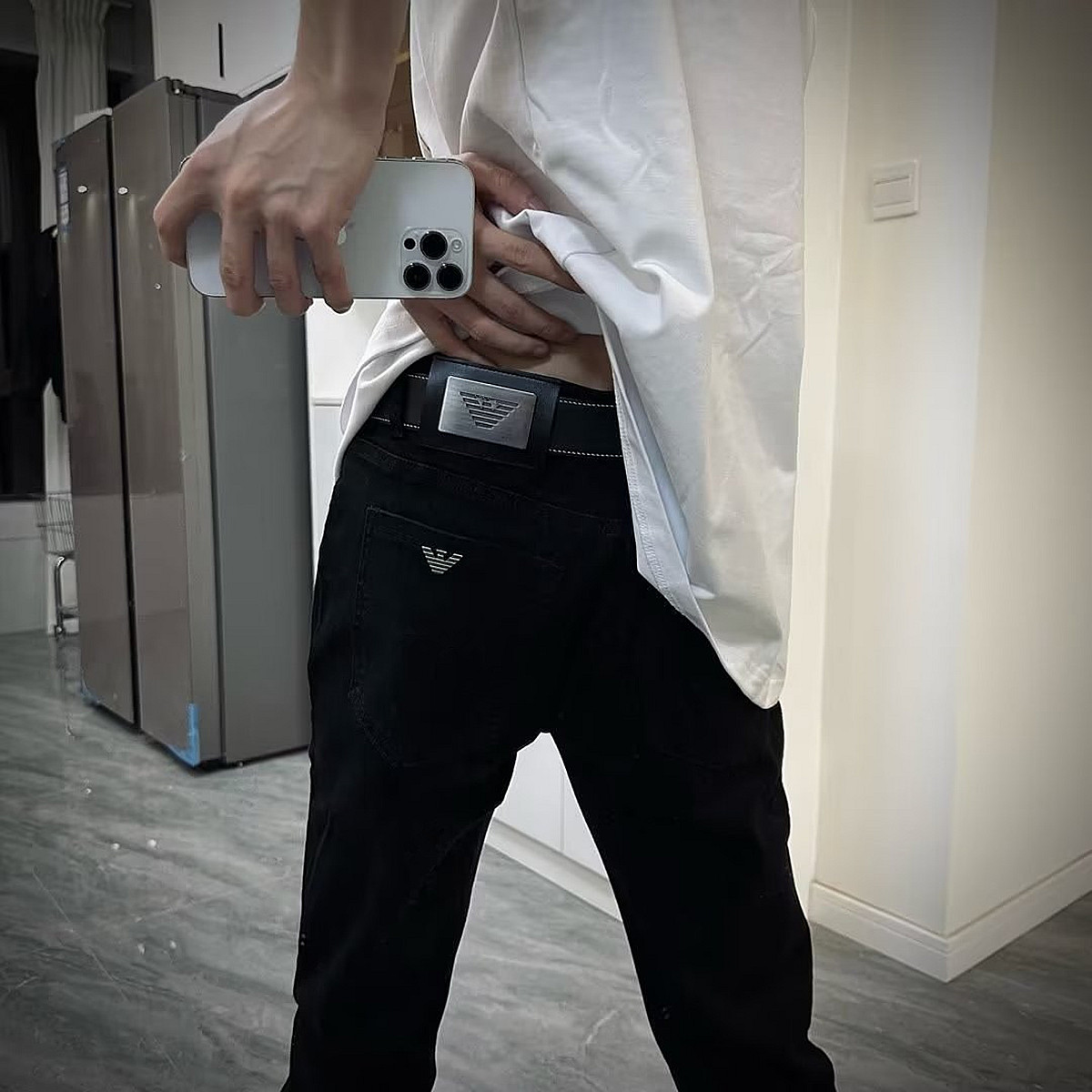 秋冬季欧美印花老鹰牛仔裤男网红同款潮牌修身百搭学生休闲长裤子 - 图0