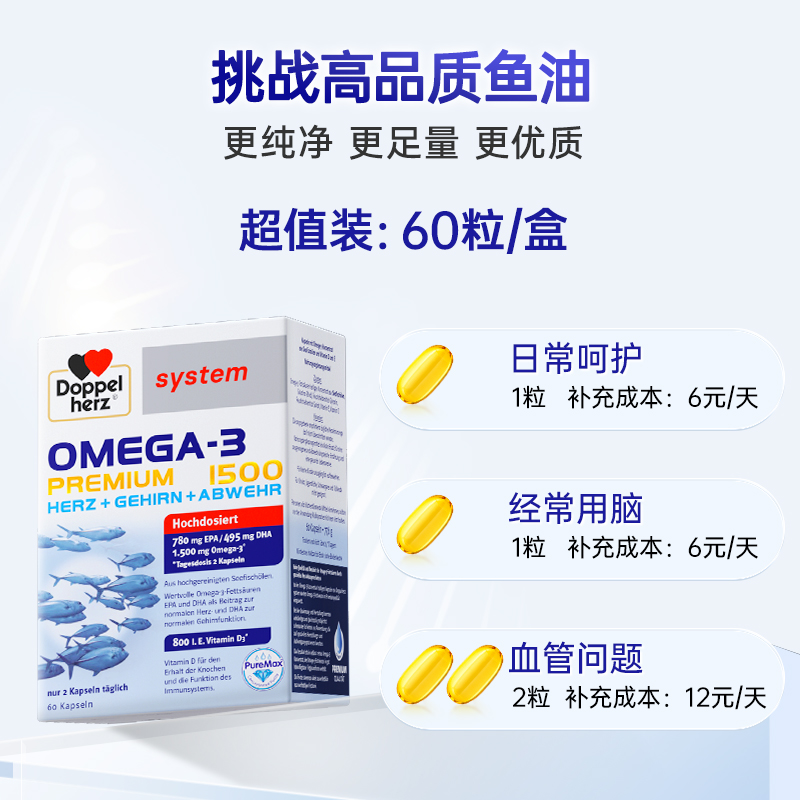 德国双心鱼油epa高纯度深海鱼油软胶囊DHAomega3高浓度60粒-图3