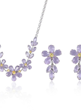 跨境套装欧美风新款时尚潮流锆石紫色花瓣项链耳环花朵气质锁骨链