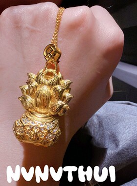 古法花丝点钻铜钱麒麟神兽吊坠项链 新中式麒麟聚宝盆璀璨毛衣链