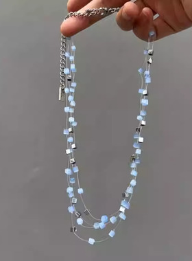 复古蓝色方形猫眼石项链choker叠戴锁骨链小众时尚高级感气质项饰