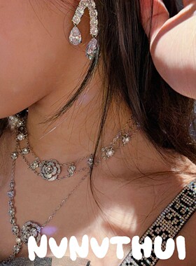 璀璨玫瑰花山茶花水滴宝石锁骨项链宴会名媛氛围泪滴闪钻耳环套装