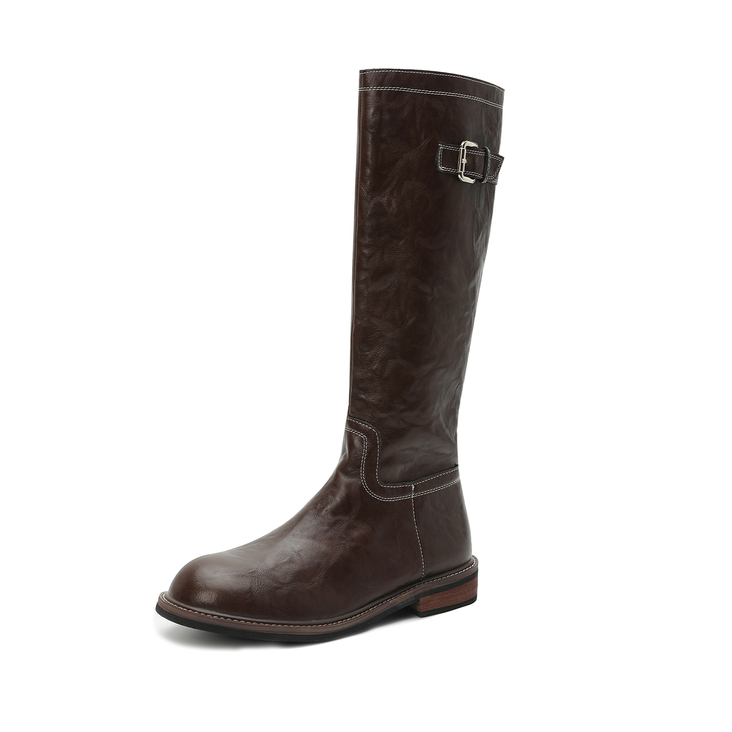 真皮版～复古厚底骑士靴女秋冬新款显瘦粗跟高筒靴女皮带扣长筒靴 - 图3