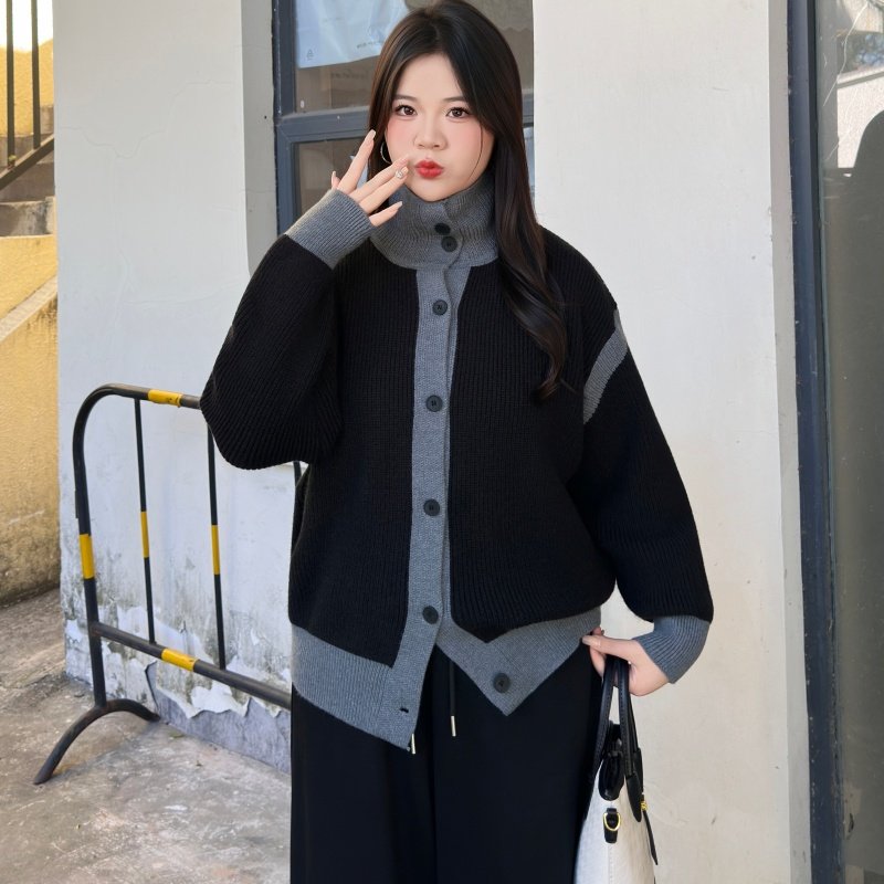 大码冬装复古慵懒风撞色高领针织开衫女秋冬加厚设计感毛衣外套,淘宝优惠券,粉丝福利购,淘宝优惠卷