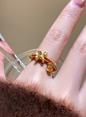 沙金小马钱币戒指生肖马红绳指环小众精致开口可调节送女友礼物