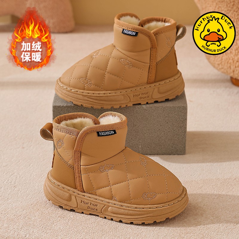 小黄鸭儿童雪地靴男童靴子新款冬季女童棉靴加厚保暖棉鞋皮面防水 - 图0