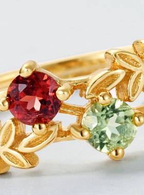 复古石榴石麦穗925银镀金戒指