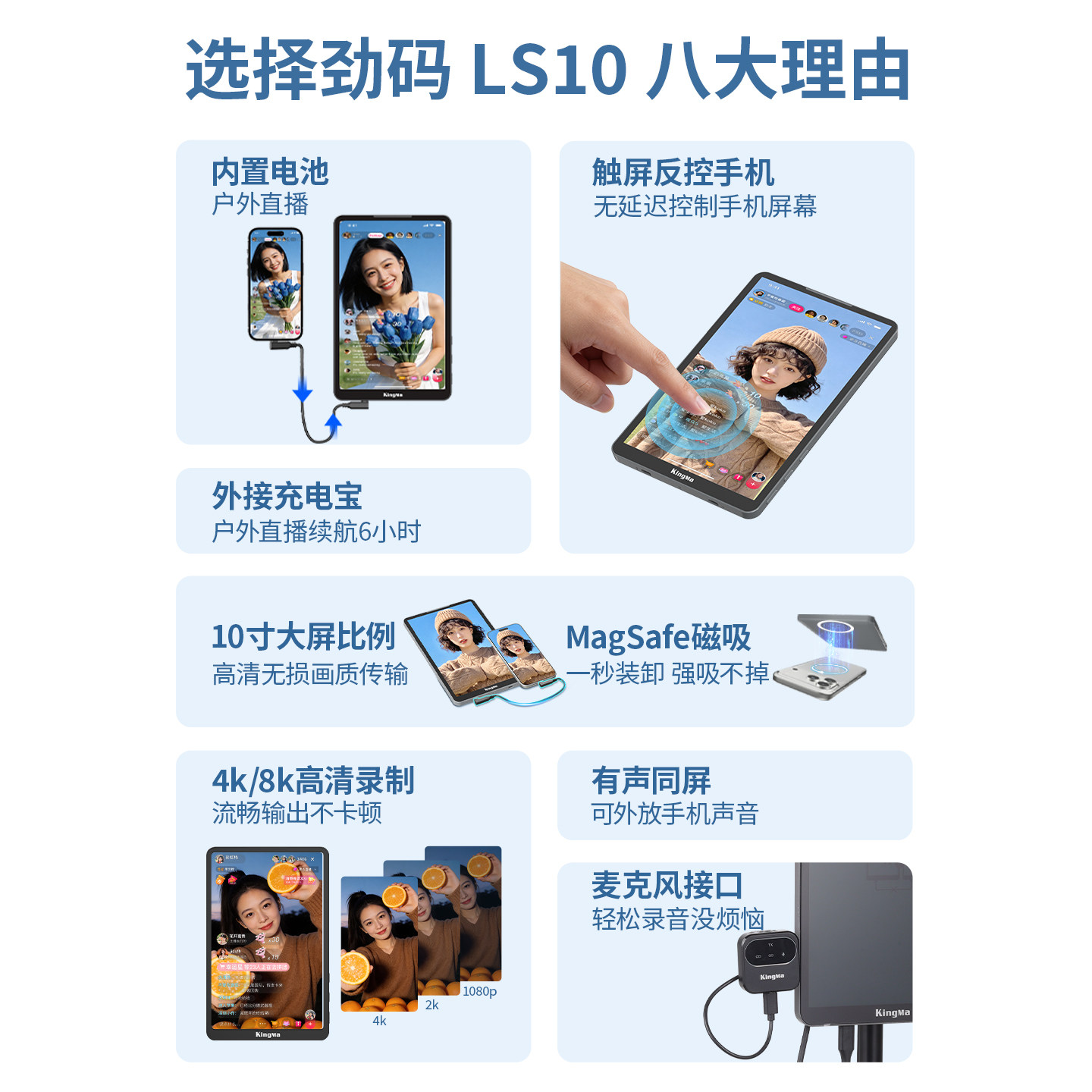 劲码LS10 10寸手机同屏器适用苹果/华为手机后置直播显示屏触屏反控实时同步抖音快手网红主播专用直播神器