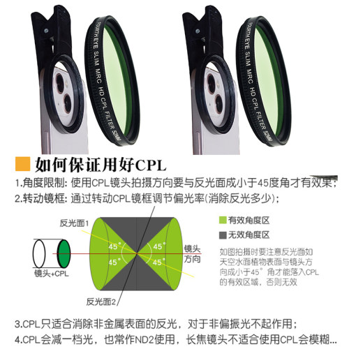 手机52mm偏振镜CPL偏光镜消除反光 适用苹果于13华为手机镜头滤镜 - 图0