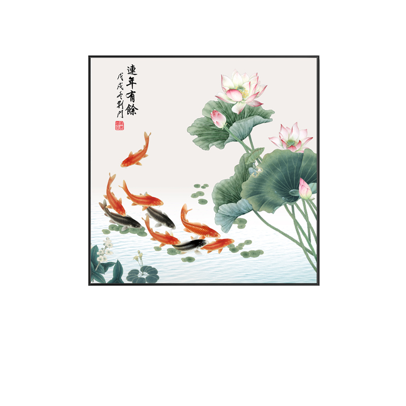 荷花图装饰画正方形卫生间壁画入户门正对墙画客厅莲花鲤鱼图挂画