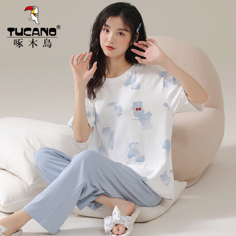啄木鸟睡衣女夏2025年新款纯棉短袖长裤圆领夏季可外穿家居服套装 - 图2