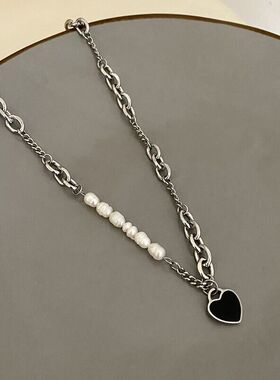 巴洛克珍珠黑色爱心项链女气质网红拼接配饰小众设计感锁骨链吊坠