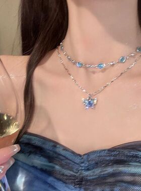 夏日蓝色双层蝴蝶项链配饰女款轻奢小众精致颈链高级感叠戴锁骨链