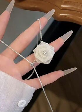 韩系闪锆网纱玫瑰花可抽拉式项链女轻奢小众高级感锁骨链颈链配饰