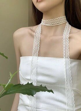 纯欲氛围感蕾丝颈带百搭蝴蝶结锁骨飘带韩式叠戴头饰长条丝巾项链