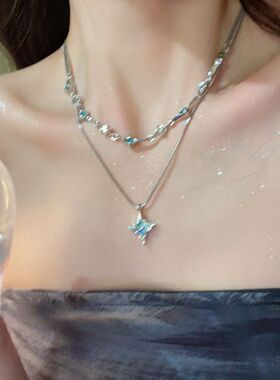 双层蓝色四芒星锆石项链女早春新款ins小众设计感高级气质锁骨链